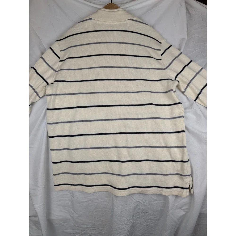 Quarter Zip Sweater Large 42-44 Cream Navy Grey Striped Cotton Knit Collared